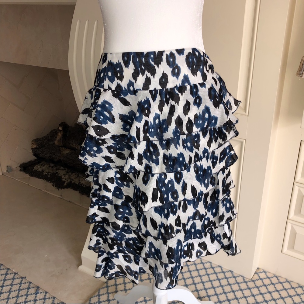Worth Collection Blue, Black, and White Ikat Ruffled Skirt Size 8